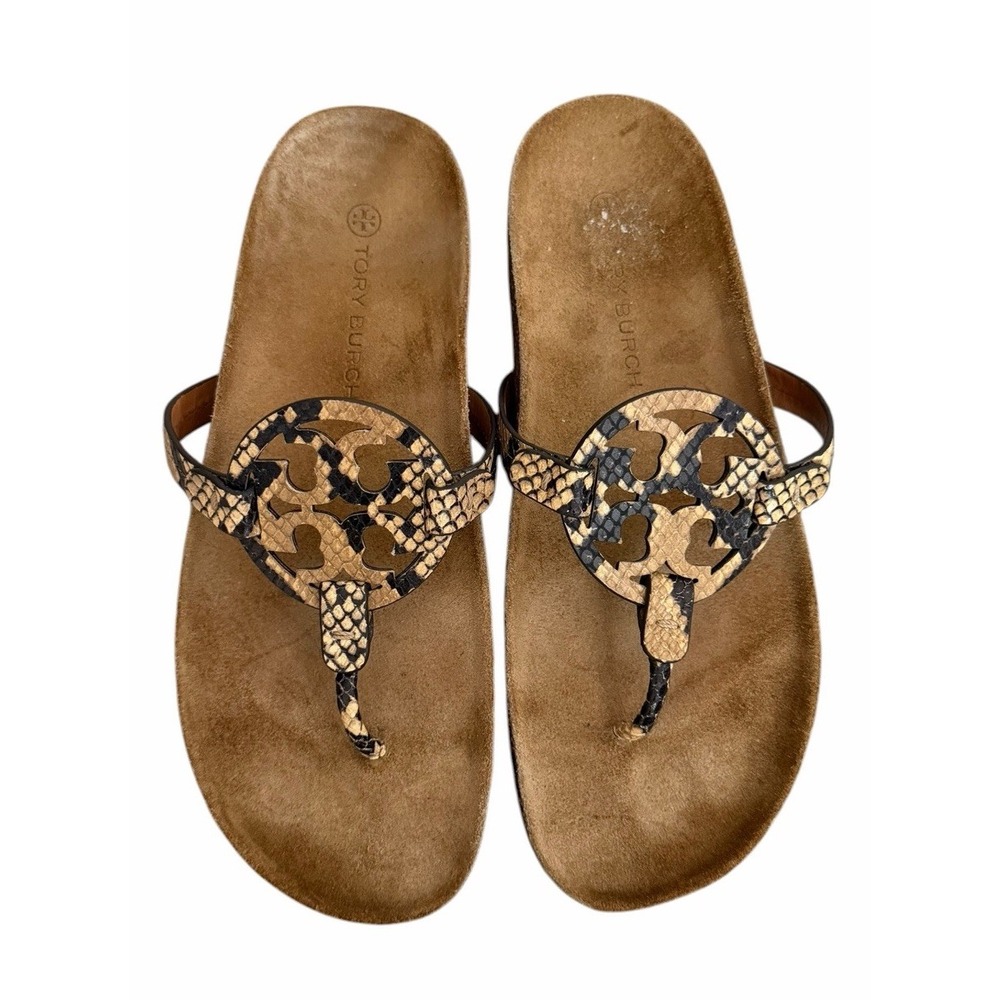 Tory Burch Miller Cloud Stamped Snake Printed Leather/Cork Sandals Women's Sz 11